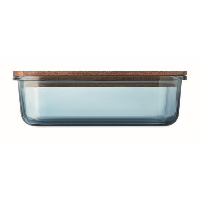 Fiambrera de cristal con tapa de madera y cinta elástica de cierre color azul transparente sexta vista Fiambrera de cristal con tapa de madera y cinta elástica de cierre color azul transparente sexta vista