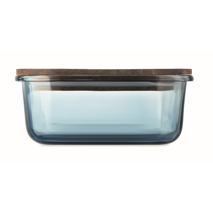 Fiambrera de cristal con tapa de madera y cinta elástica de cierre color azul transparente septima vista Fiambrera de cristal con tapa de madera y cinta elástica de cierre color azul transparente septima vista