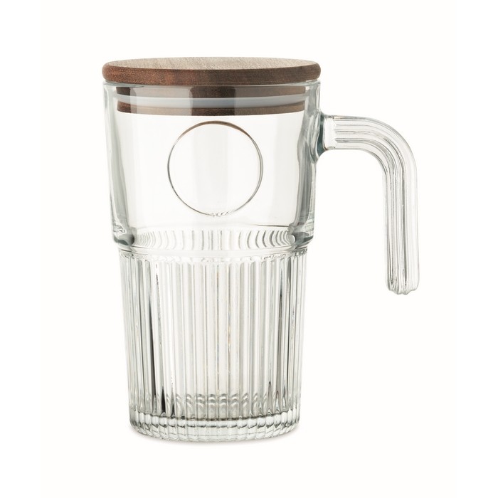 Taza grande de cristal estriado con tapa de madera y asa 450ml color transparente Taza grande de cristal estriado con tapa de madera y asa 450ml color transparente