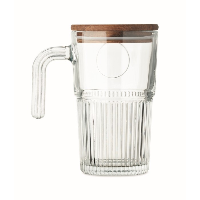 Taza grande de cristal estriado con tapa de madera y asa 450ml color transparente sexta vista Taza grande de cristal estriado con tapa de madera y asa 450ml color transparente sexta vista