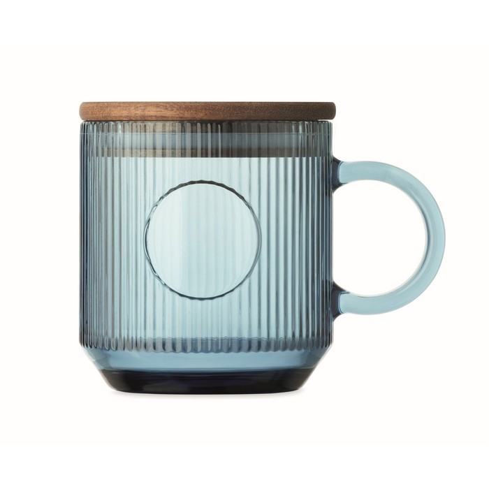 Taza original de cristal estriado con tapa de madera de acacia 300ml color azul transparente cuarta vista Taza original de cristal estriado con tapa de madera de acacia 300ml color azul transparente cuarta vista