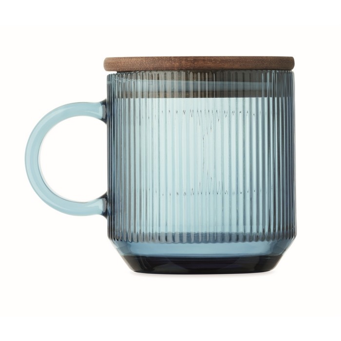 Taza original de cristal estriado con tapa de madera de acacia 300ml color azul transparente sexta vista Taza original de cristal estriado con tapa de madera de acacia 300ml color azul transparente sexta vista