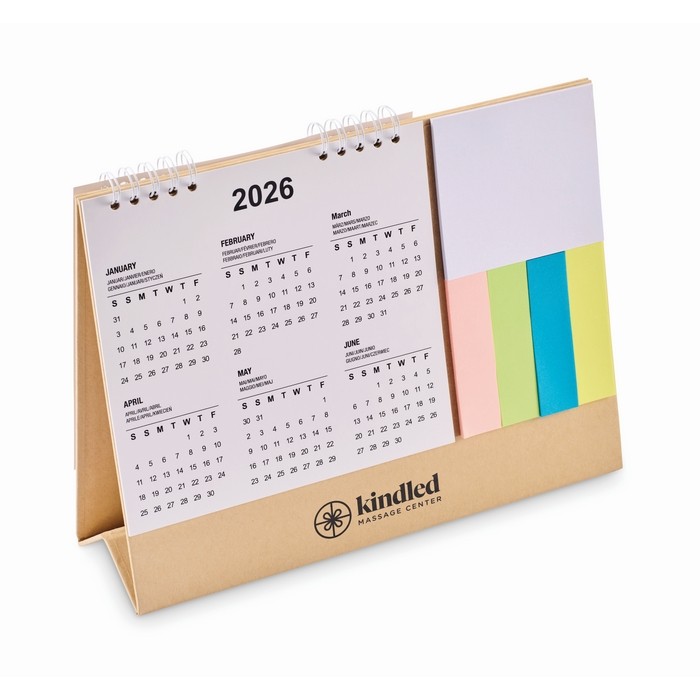Calendario de sobremesa con notas adhesivas y bloc de notas color beige vista principal Calendario de sobremesa con notas adhesivas y bloc de notas color beige vista principal