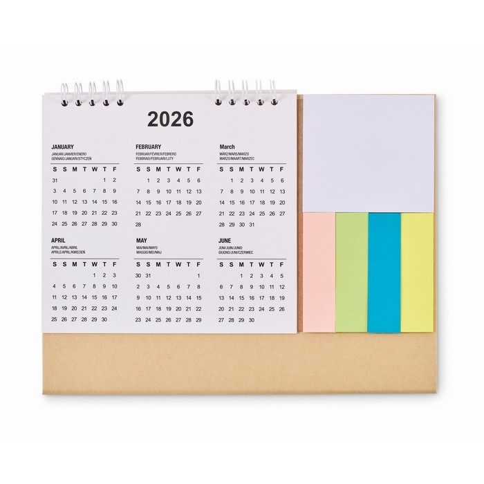 Calendario de sobremesa con notas adhesivas y bloc de notas color beige tercera vista Calendario de sobremesa con notas adhesivas y bloc de notas color beige tercera vista
