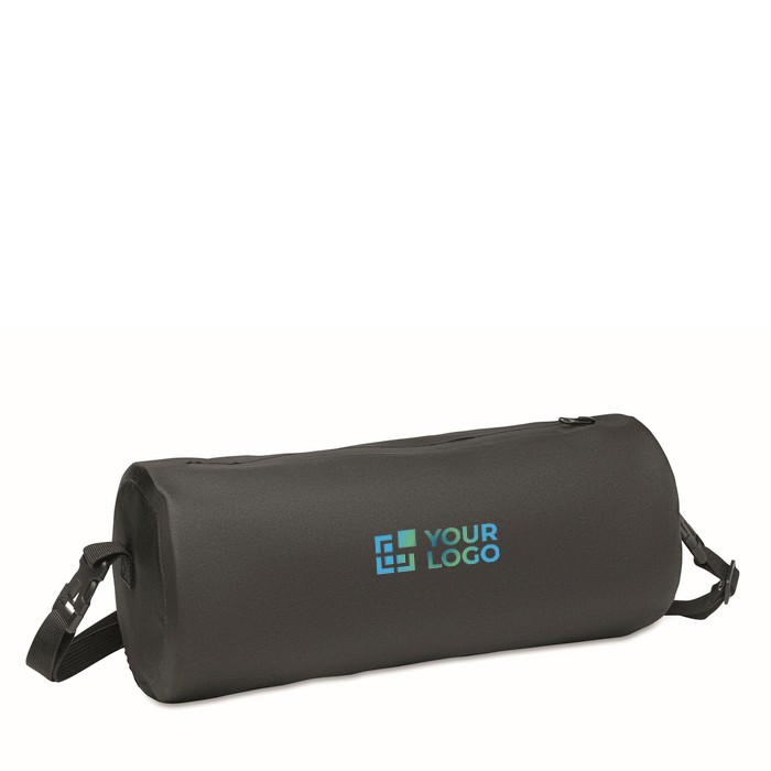 Bolsa de deporte en forma cilíndrica de RPET con tirantes desmontables color negro vista de impresión Bolsa de deporte en forma cilíndrica de RPET con tirantes desmontables color negro vista de impresión