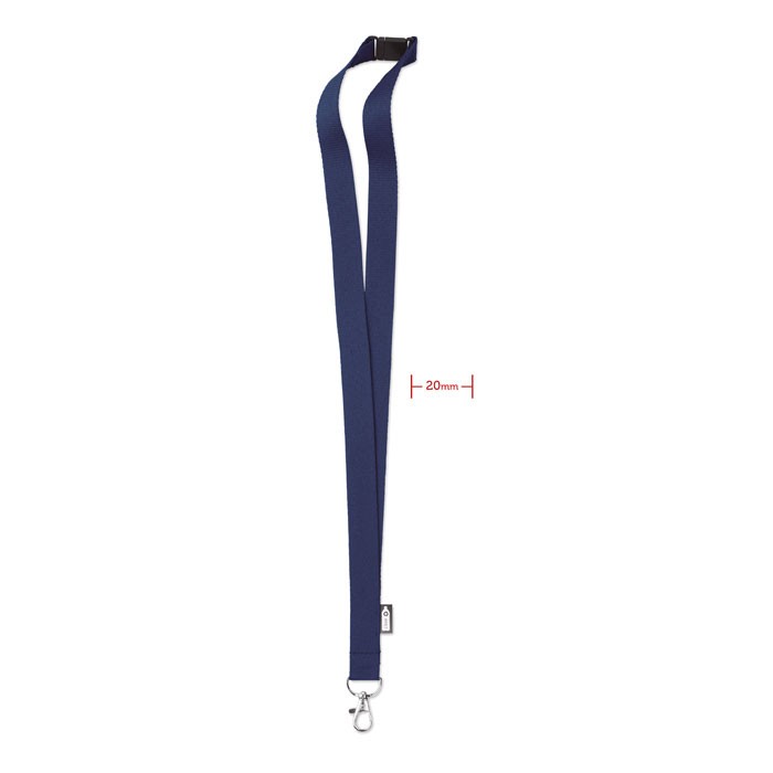 Lanyard de RPET con mosquetón metálico y cierre de seguridad 20mm color azul
