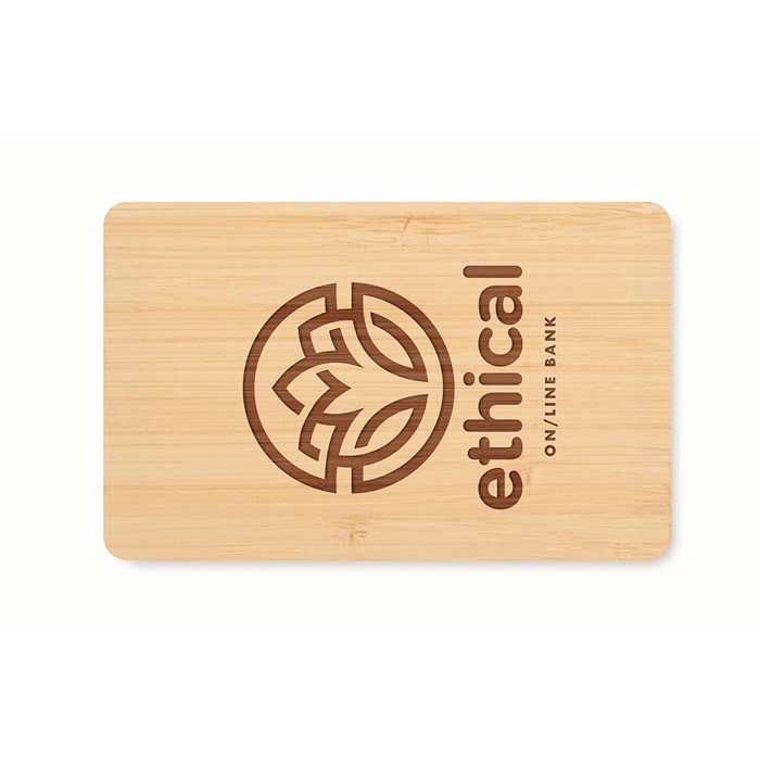 Tarjeteros de bambú personalizados RFID color madera tercera vista con logo