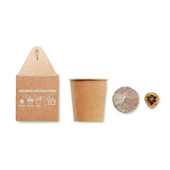 Maceta publicitaria con semillas de pino color beige cuarta vista