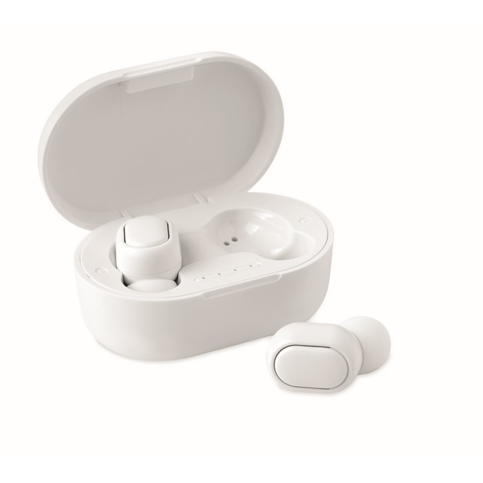 Auriculares con caja personalizada de color blanco primera vista