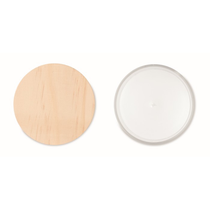 Velas aroma vainilla de color transparente con tapa de madera tercera vista Velas aroma vainilla de color transparente con tapa de madera tercera vista