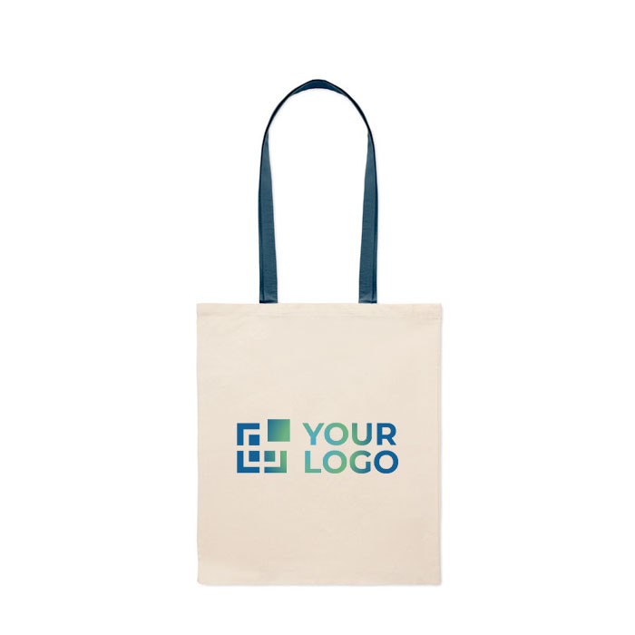 Bolsa de algodón de color natural con asas largas de colores 140 g/m2 color azul vista de impresión