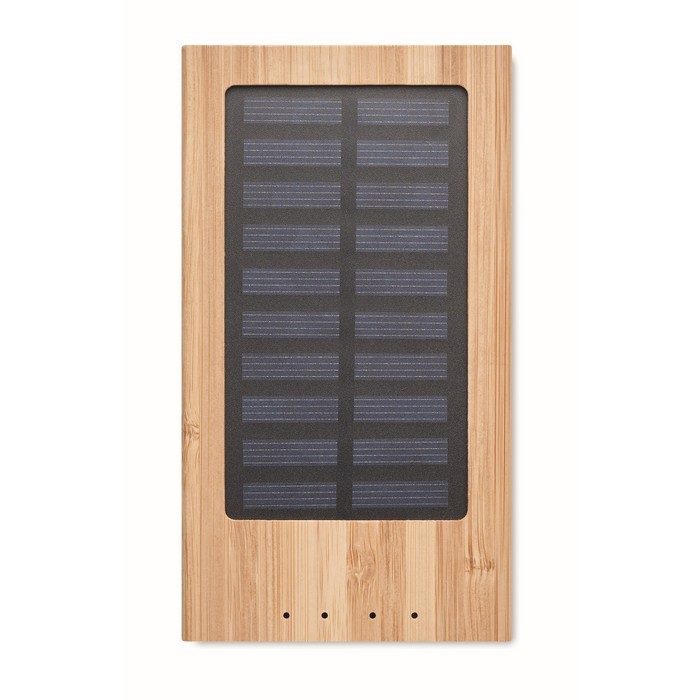Powerbank de bambú con panel solar color madera cuarta vista Powerbank de bambú con panel solar color madera cuarta vista