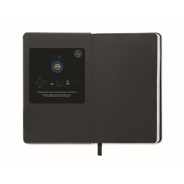 Libreta ecológica personalizada con semillas color azul quinta vista