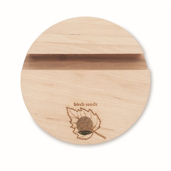 Soporte para móvil de madera con semillas color madera primera vista