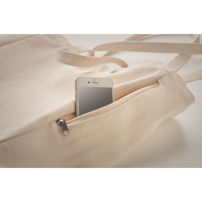 Bolsa reciclada con bolsillo 380 g/m2 color beige vista detalle 2 Bolsa reciclada con bolsillo 380 g/m2 color beige vista detalle 2