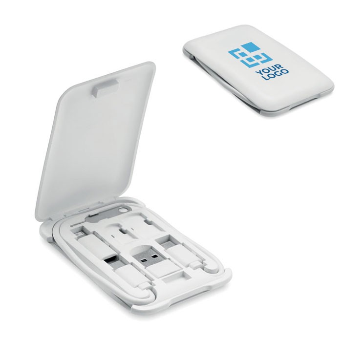 Set de cables con varias conexiones en caja con soporte para teléfono vista principal Set de cables con varias conexiones en caja con soporte para teléfono vista principal