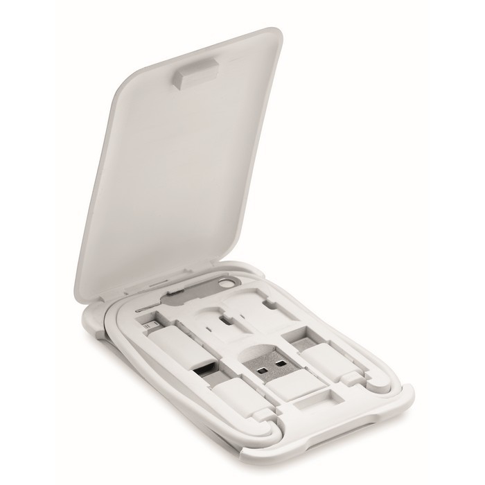 Set de cables con varias conexiones en caja con soporte para teléfono color blanco cuarta vista Set de cables con varias conexiones en caja con soporte para teléfono color blanco cuarta vista
