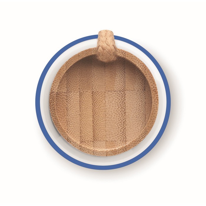 Botella de cristal con tapón de bambú y asa color azul real sexta vista