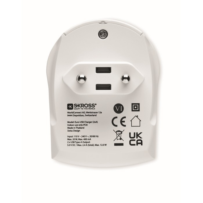 Enchufe Skross cargador europeo color blanco tercera vista Enchufe Skross cargador europeo color blanco tercera vista