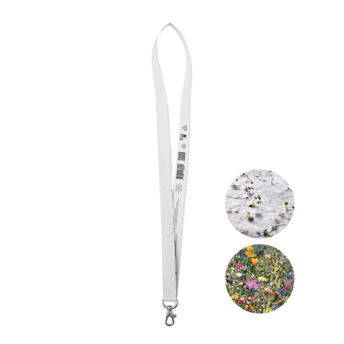 Lanyard de 20mm de papel reciclado con semillas de flores silvestres color blanco Lanyard de 20mm de papel reciclado con semillas de flores silvestres color blanco