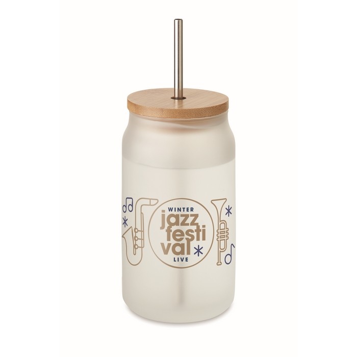 Tarro impreso con imagen para cóctel con pajita de acero y tapa 400ml color blanco vista principal segunda vista