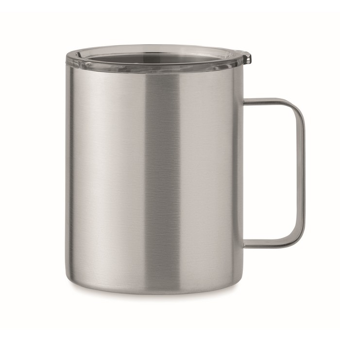 Vaso antifugas de acero inoxidable reciclado con tapa 300ml color plateado mate Vaso antifugas de acero inoxidable reciclado con tapa 300ml color plateado mate