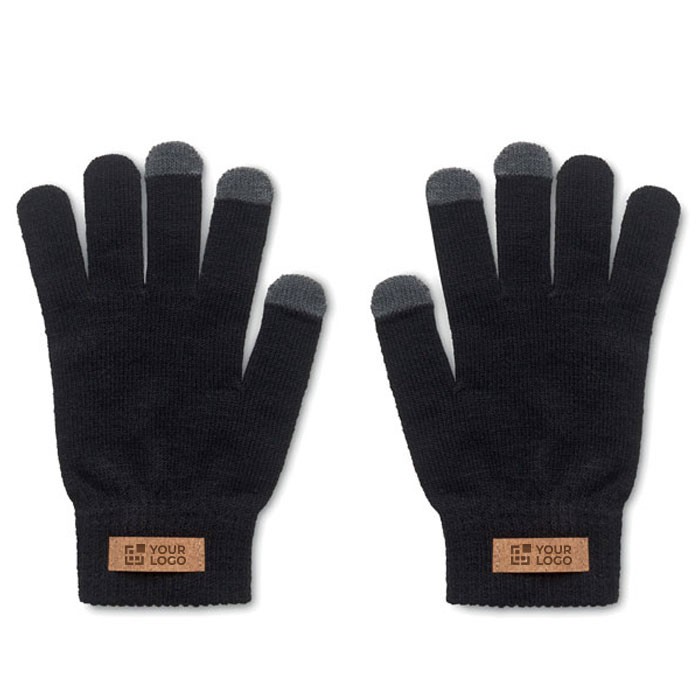 Guantes táctiles en poliéster RPET con etiqueta de corcho con logo vista principal Guantes táctiles en poliéster RPET con etiqueta de corcho con logo vista principal