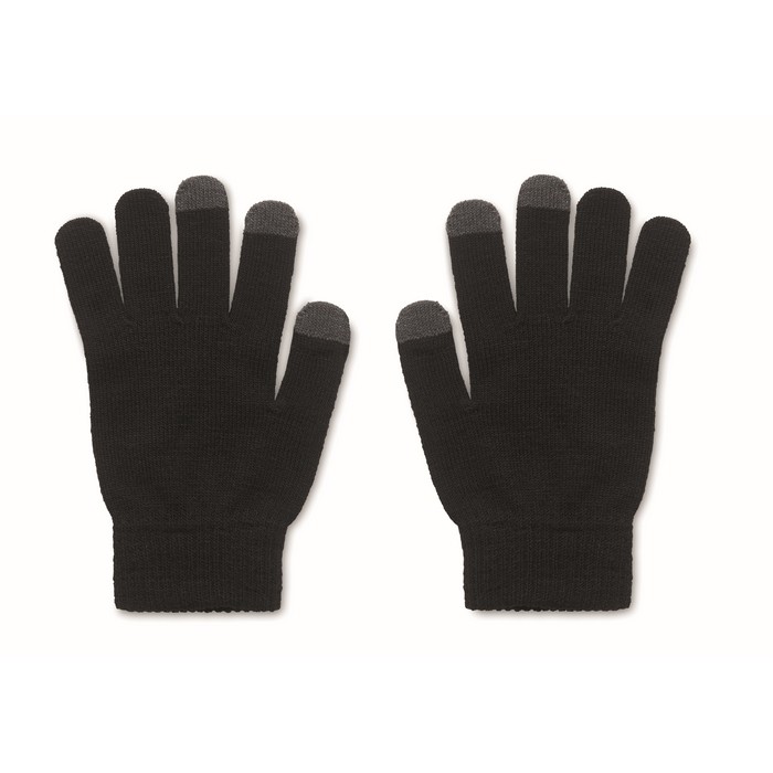 Guantes táctiles en poliéster RPET con etiqueta de corcho con logo color negro segunda vista Guantes táctiles en poliéster RPET con etiqueta de corcho con logo color negro segunda vista