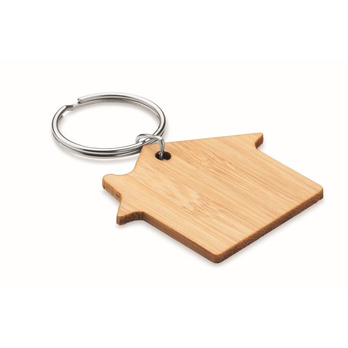 Llavero de bambú con forma de casa económico color madera Llavero de bambú con forma de casa económico color madera