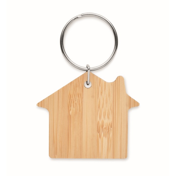 Llavero de bambú con forma de casa económico color madera segunda vista Llavero de bambú con forma de casa económico color madera segunda vista