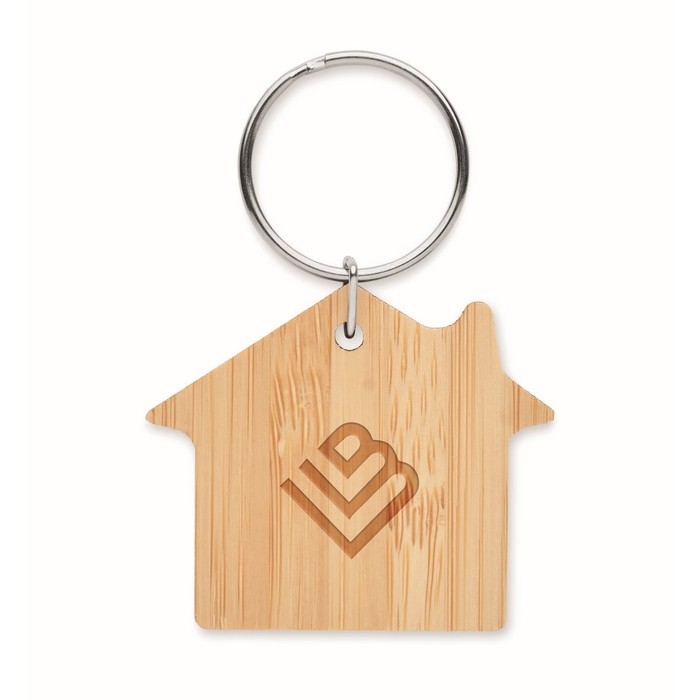 Llavero de bambú con forma de casa económico color madera vista principal segunda vista Llavero de bambú con forma de casa económico color madera vista principal segunda vista
