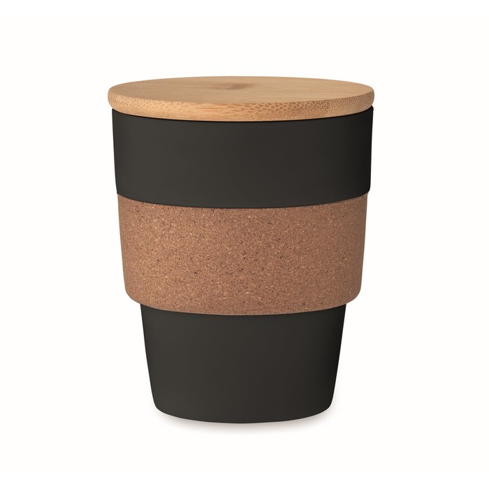 Vaso de plástico reciclado con cinta de corcho y tapa de bambú 300ml color negro Vaso de plástico reciclado con cinta de corcho y tapa de bambú 300ml color negro