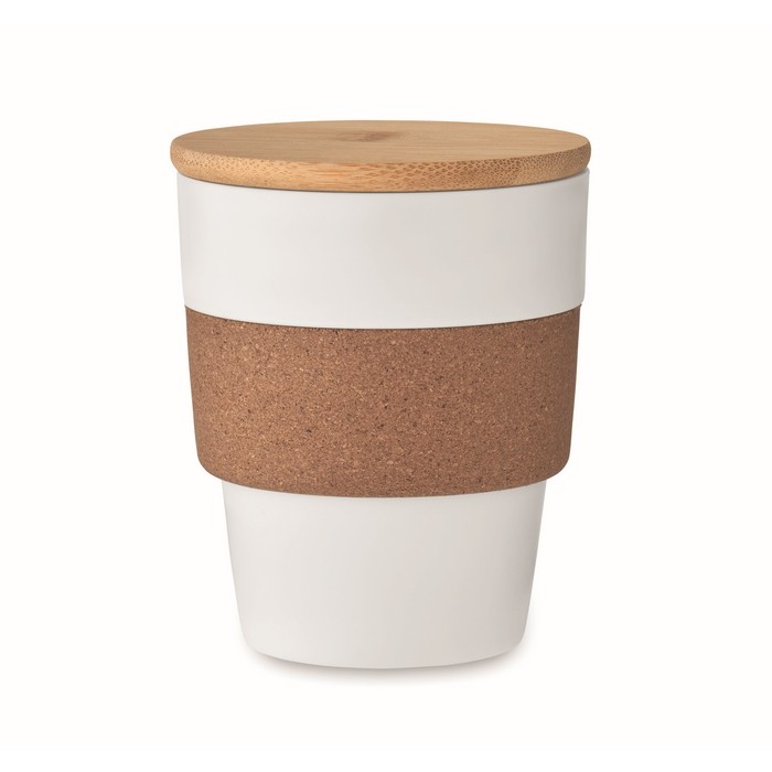 Vaso de plástico reciclado con cinta de corcho y tapa de bambú 300ml color blanco Vaso de plástico reciclado con cinta de corcho y tapa de bambú 300ml color blanco