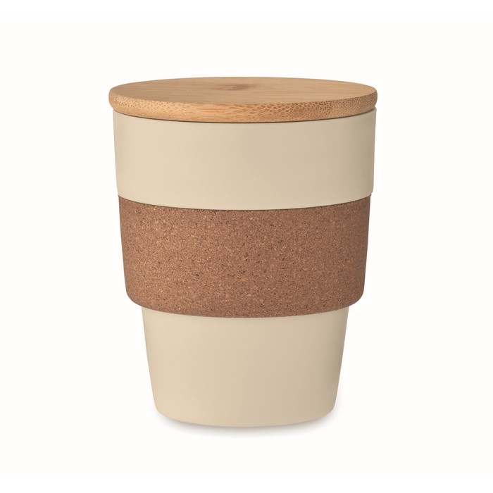 Vaso de plástico reciclado con cinta de corcho y tapa de bambú 300ml color beige Vaso de plástico reciclado con cinta de corcho y tapa de bambú 300ml color beige