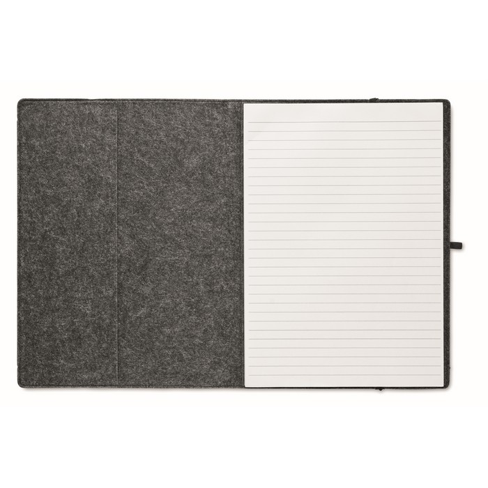 Portadocumentos en fieltro RPET con bloc y portabolígrafo A4 color gris oscuro cuarta vista