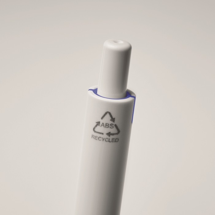 Bolígrafo reciclado blanco con clip de color tinta azul color azul vista fotografía quinta vista