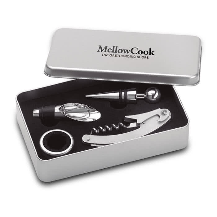 Set de vino publicitario en caja de metal color Plateado Mate cuarta vista con logo Set de vino publicitario en caja de metal color Plateado Mate cuarta vista con logo