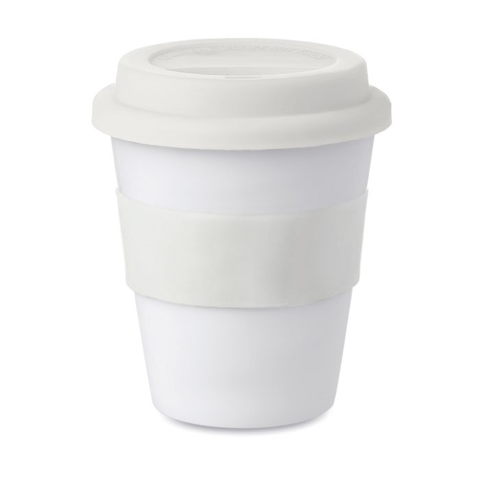 Taza personalizada de plástico con tapa 350ml color blanco Taza personalizada de plástico con tapa 350ml color blanco