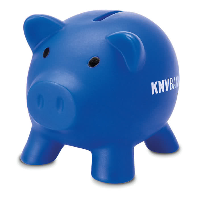 Hucha publicitaria de cerdito color Azul cuarta vista con logo Hucha publicitaria de cerdito color Azul cuarta vista con logo