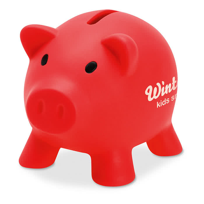 Hucha publicitaria de cerdito color Rojo cuarta vista con logo Hucha publicitaria de cerdito color Rojo cuarta vista con logo