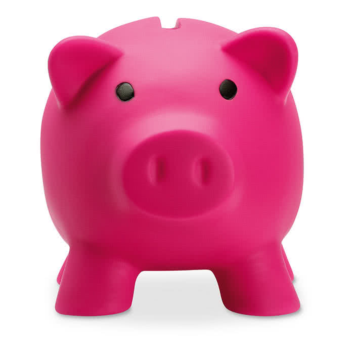 Hucha publicitaria de cerdito color Fuchsia segunda vista Hucha publicitaria de cerdito color Fuchsia segunda vista