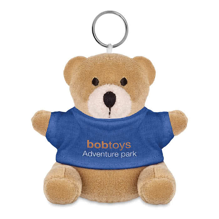 Llavero publicitario con osito de peluche color Azul cuarta vista con logo
