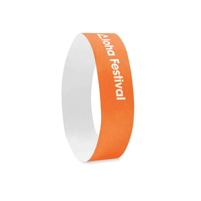 Pulsera Tyvek personalizadas color Naranja cuarta vista con logo Pulsera Tyvek personalizadas color Naranja cuarta vista con logo
