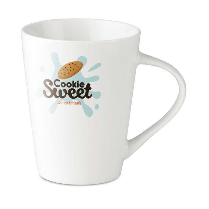 Taza promocional de 250ml color Blanco cuarta vista con logo