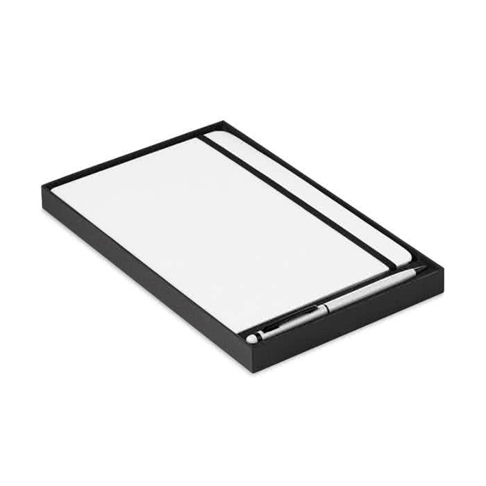 Set de libreta A5 y bolígrafo para publicidad color blanco cuarta vista