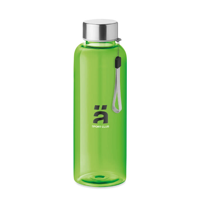Botellas publicitarias con cordón color verde lima cuarta vista con logo Botellas publicitarias con cordón color verde lima cuarta vista con logo