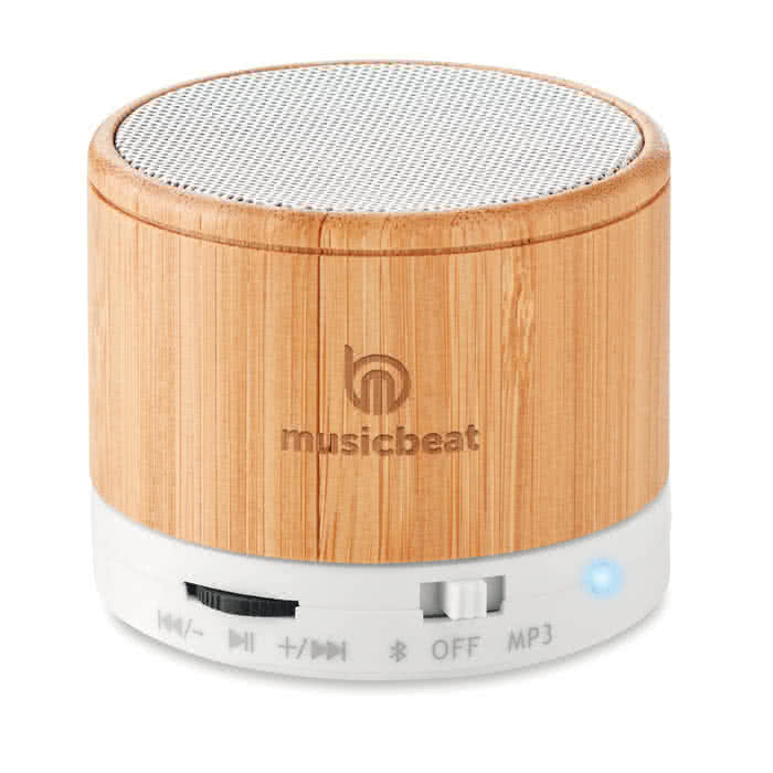 Altavoz Bluetooth de madera para publicidad color blanco cuarta vista con logo