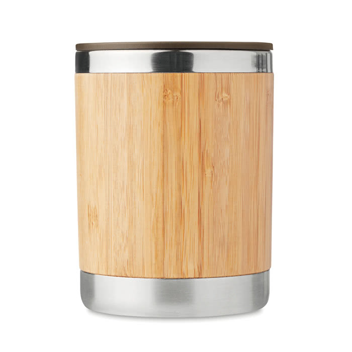 Elegante taza de acero con carcasa de bambú color madera tercera vista Elegante taza de acero con carcasa de bambú color madera tercera vista
