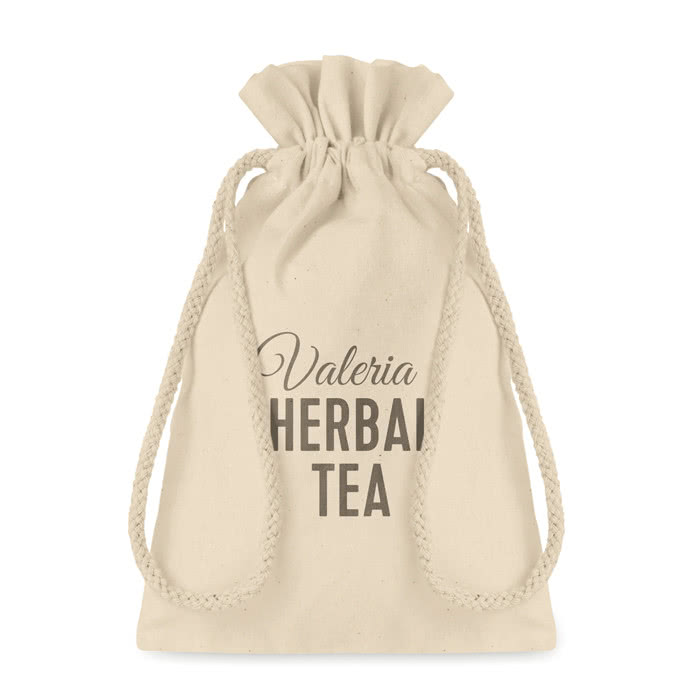 Bolsa blanca de algodón impresa pequeña color beige cuarta vista con logo Bolsa blanca de algodón impresa pequeña color beige cuarta vista con logo