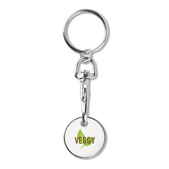 Colorido llavero con moneda para super color blanco cuarta vista con logo Colorido llavero con moneda para super color blanco cuarta vista con logo